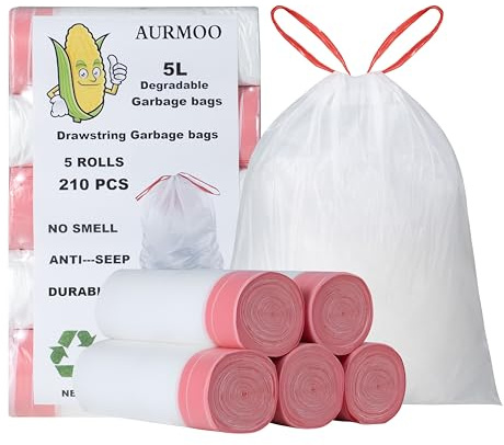 AURMOO 210x Sacs Poubelle 5L avec Cordon de Serrage, Sac de Déchets, | Sacs Poubelle Dégradables, Sac à Ordures de Cuisine, Sac Poubelle, Sacs de Déchets à Bande de Fixation, 32 x 35cm