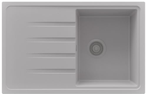 PRIMAGRAN Spülbecken ab 45er Unterschrank + Ablauf-Set, 78x50cm | Set: Ablauf-Set (Siphon, Ablaufgarnitur, Überlauf) + Granitspüle 1 Becken - Mailand, Alles Grau