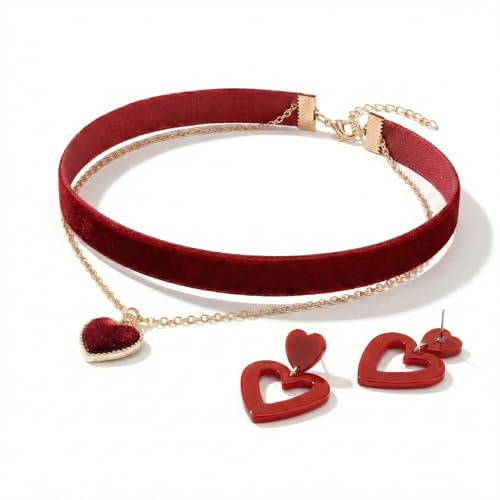 ARYIMYDP Gothic Choker Samt Halskette mit Herzförmigen Ohrringen, Doppelkette & Herz-Anhänger, Verstellbare Roter Samt Collier für Karneval, Valentinstag, Goth-Schmuck Geschenk für Frauen