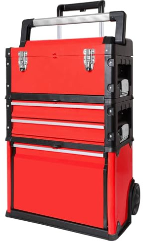Stackable Rolling Tool Box Portable Metal Toolbox Organizer with Wheels and 2 Drawers Separate Rolling Upright Trolley Tool Chest for Garage or Workshop, Red