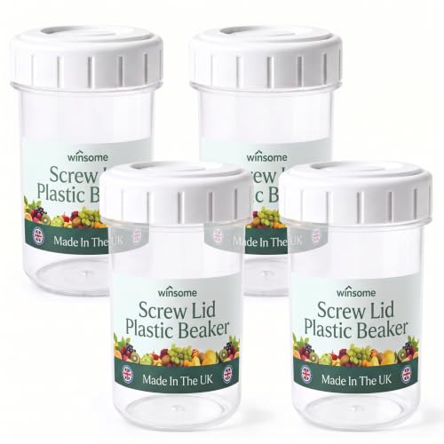 WINSOME Plastic Beaker with Lid | 4 x 400ml Plastic Beaker Cup Twist Seal Screw Lid | Microwave & Dishwasher Safe Airtight Food Storage Container