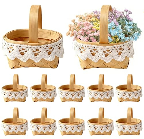 12 Stk Miniatur Korb Geflochten, Mini Flechtkörbe Mit Henkel, 6.5x5x3.5Cm | Mini Korb Geflochten Mit Henkel, Dekorativer, Mini Szene Requisiten, Für Hochzeit, Party, Süßigkeiten & Basteln
