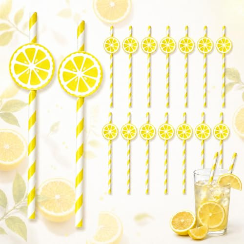 Ovanda 20 Stück 3D Zitronenscheiben Strohhalme Papier, Gelb Weiße Papierstrohhalme mit 3D Zitronen Deko, Cocktail Strohhalme Einweg für Sommerparty,Kindergeburtstag, Geburtstag, Babyparty, Gartenparty