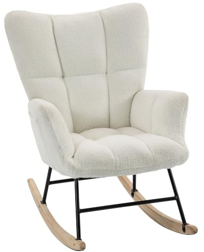 HOMCOM Fauteuil à Bascule, Assise Rembourrée, Poches Latérales, Crème | Rocking Chair en Peluche Teddy, Dossier à Oreilles Capitonné, Pieds en Bois d'hévéa, Chaise à Bascule Moderne, Salon, Chambre