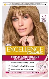 L'Oréal Paris Excellence Crème Permanent Hair Dye, Radiant At-Home Hair Colour with up to 100% Grey Coverage, Pro-Keratin, Up to 8 Weeks of Colour, Colour: 7.3 Natural Dark Golden Blonde
