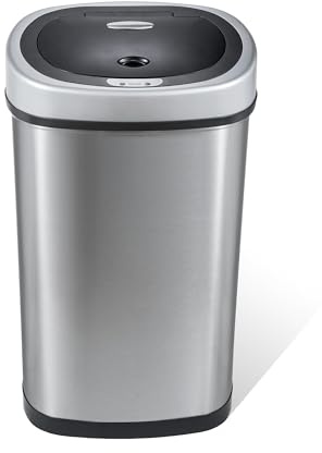 NINESTARS DZT-50-9 Automatic Touchless Infrared Motion Sensor Trash Can, 13 Gal 50L, Stainless Steel Base (Oval, Silver/Black Lid)