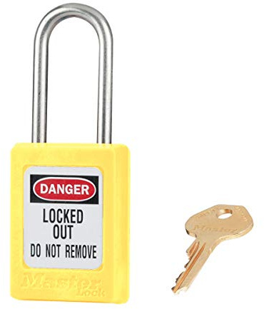 Master Lock Yellow Zenex™ thermoplastic Safety Padlock, 35mm Wide with 38mm Tall Stainless Steel Shackle, Key retaining, keyed Different