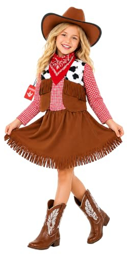 Fun Shack Cowgirl Kostüm Mädchen, Wildwest Halloween Kostüm Mädchen, M | Western-Outfit mit Weste, Brauner Cowgirl-Look, Zum Überziehen, Perfekt für Halloween, Ideal für Rollenspiele