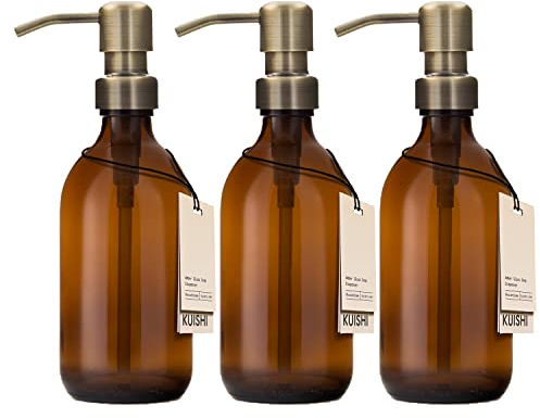Kuishi Juego de Tres Botellas de Vidrio marrón ámbar de 300 ml con Bomba Dorada de Acero Inoxidable, dispensador de jabón Recargable ecológico, decoración de baño Elegante