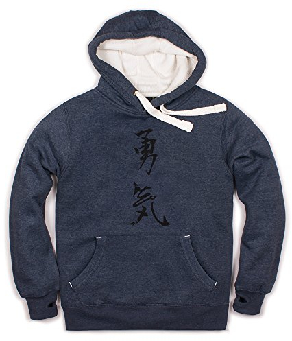 Japanischer Kapuzenpullover Yuki/Courage - Japan Kalligraphie Positive Motivation Pullover mit Daumenloch Manschetten Sweatshirt Kapuzenpullover Unisex Gr. XXL, Vintage Navy