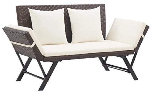 Tidyard 2-in-1 Gartenbank Sonnenliege Poly Rattan mit Auflage Multifunktionsbank Gartensofa 2 Sitzer Liegesofa Gartenliege Liegestuhl, Beide Seiten Sind Verstellbar, Braun 176 cm