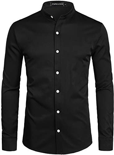PARKLEES Men's Slim Fit Long Sleeve Button Up Casual Band Collar Shirts CL08 Black XL