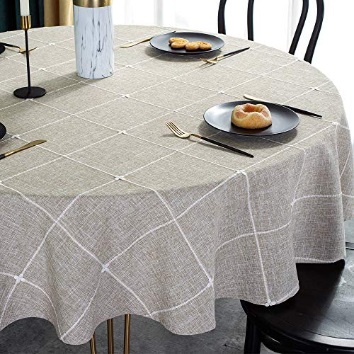 Plenmor Round Table Cloth Heavy Duty Cotton Linen Tablecloth Solid Embroidery Lattice Table Cover Protector for Kitchen Dinning Tabletop Decoration (Round,135cm in diameter, Linen)