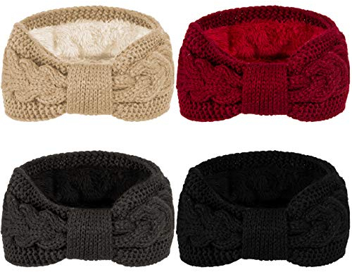 Whaline 4 Stück Winter Strick-Stirnbänder Twist Cable Head Wraps Fuzzy Lined Headband Geknotet Crochet Turban Thick Ear Warmer, Dunkle Farbe,
