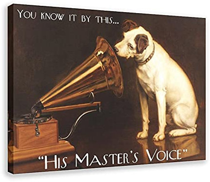HMV Kunstdruck auf Leinwand, Motiv Hund und Grammophon, Vintage-Stil, Wandkunst, Kunstdruck, Gemälde für Wohnzimmer, Schlafzimmer, Dekoration, Rahmen: 30 x 45 cm