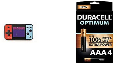 Lexibook JL1895 tragbare Spielekonsole Cyber Arcade Pocket 150-Spiele, Videospiele für Teenager, blau/rot + Duracell NEU Optimum AAA Micro Alkaline Batterien, 1.5V LR03 MX2400, 4er-Pack