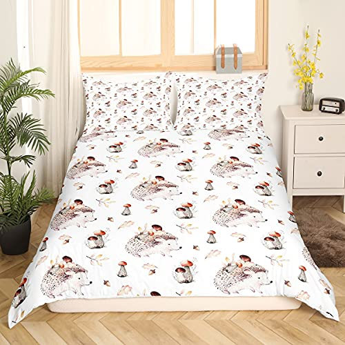 Homemissing Kinder Igel Bettwäsche Set 135x200cm Kawaii Igels Pilz Drucken Betten Set für Jungen Mädchen Karikatur Wild Tier Bettbezug Set Natur Thema Zimmer Dekor