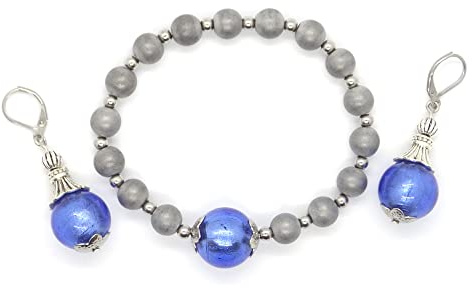 Parure bracelet et boucles d'oreille en acier inoxydable, hématite et perles en verre de Murano bleues