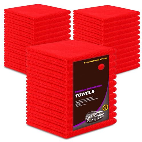 Microfiber Cleaning Towels, 3 Dozen Commercial and Household Bulk Pack, Ultra Soft Plush Wash-Cloths, Micro-fiber Detailing Cleaning Cloths for Car, Household and Commercial (Red, 16 x 16)