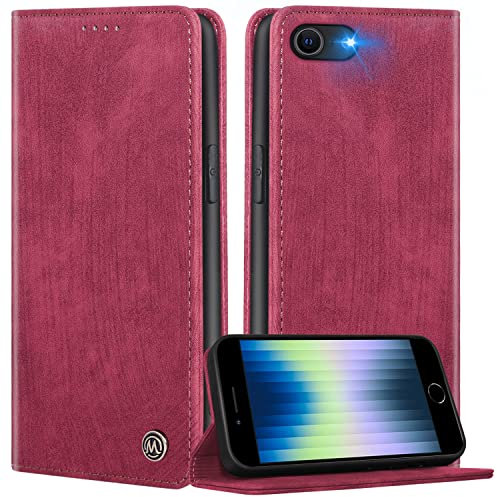 CaseMe Handyhülle für iPhone 6/7/8/SE 2020/SE 2023 Hülle Klappbar Premium Vintage-Nubukleder PU Lederhülle Klapphülle【RFID Schutz】 Kartenfach Standfunktion Schutzhülle Tasche,Rotwein