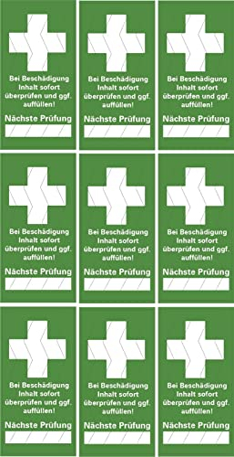 9 x Erste Hilfe Sicherheitsetiketten „Bei Beschädigung Inhalt prüfen“ Kontroll Prüfsiegel Folie selbstklebend | Variante wählbar Made in Germany, Größe: 3x6cm | grün