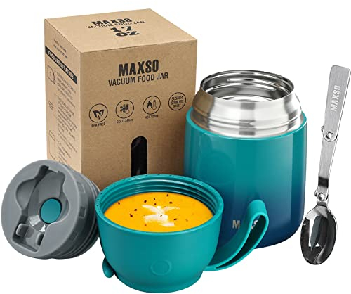 Boîtes Alimentaires Isothermes, Boîte Isotherme Repas Chaud Porte-Aliments en Acier Inoxydable à Double Couche, Thermoisolant Boîte avec Cuillère Pliante pour Ecole, Bureau, 500ml Bluegreen