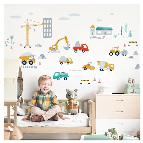 DEKO KINDERZIMMER Wandsticker Fahrzeuge Set Kinderzimmer Babyzimmer Auto Kran Transporte Wandtattoo Bagger selbstklebend Wandaufkleber DK1038-3