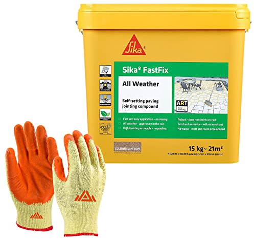 Sika Fast Fix All Weather-Ready to Use, Self-Setting Paving Jointing Compound for Any Weather, Suitable for Stones Setts, Paving Block and Footpaths 15kg - 21 sq.m Dark Buff with Free Gloves