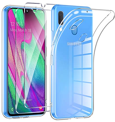 Phoona Cover per Samsung Galaxy A40 Custodia con 2 Pezzi Pellicola Vetro Temperato,Ultra Sottile Trasparente Silicone Protettiva Case per Samsung A40 Sottile Morbida Antiurto Cover