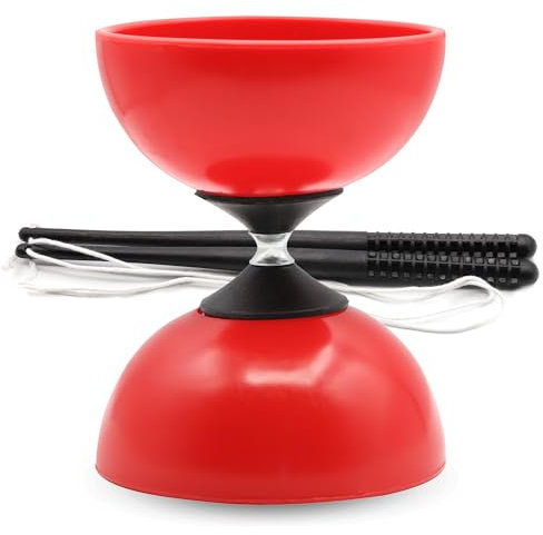 PLAYZOCO Diábolo para Malabares, Diábolo malabarismo, Juguete Infancia, Diabolo acrobático, Palos de plástico 28 cm, Medidas diábolo 15 cm x 11.5 cm diámetro, Apto para niños y Adultos (Rojo)