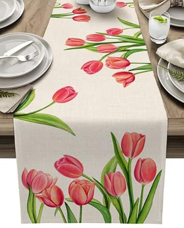 YIPOCH Blauer Tulpen-Tischläufer für Esstisch, Küchendekoration, fleckenabweisende Esstisch-Tischdecke, rechteckiger Esstischläufer