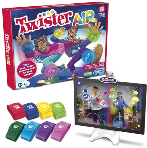 Hasbro Gaming Twister Air Party Game Includes 4 Twister Air Wrist Bands, 4 Twister Air Ankle Bands, Device Stand with clip, base, and post, and Game Rules For Ages 8+ Years