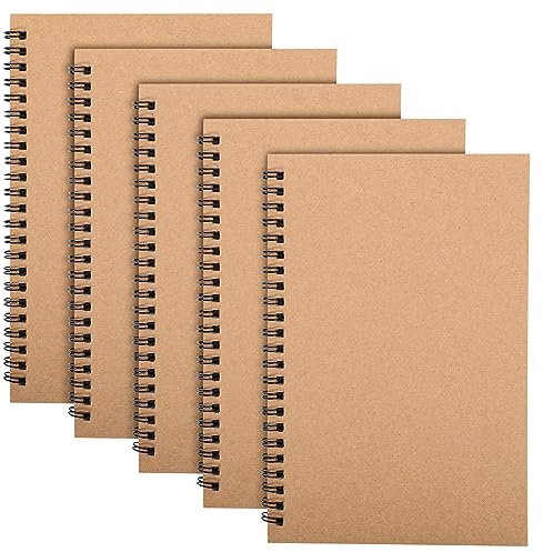 Yafe 5 Packs Spiral Notebook A5, 120 Pages 60 Sheets Kraft Cover Wirebound Notebooks Bulk Journals, 8.3 * 5.5 inch Lined Notebook for Business Office School Travel