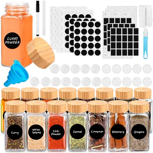 AOUVT Lot de 15 Pot a Epices en Verre et Bois, Pot à Épices avec Couvercle, 120 ml Pot à Épices en Verre pour Rangement Scellé dans la Cuisine, Bocal Epices avec Tamis, Étiquettes, Brosser, Entonnoir