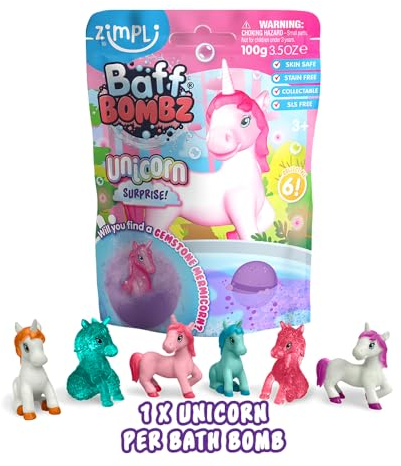 Bomba da bagno grande Unicorno a sorpresa di Zimpli Kids, 6 giocattoli Unicorno a sorpresa da collezionare, set regalo frizzante per bambini, giocattolo per riempire la calza, regalo di Natale