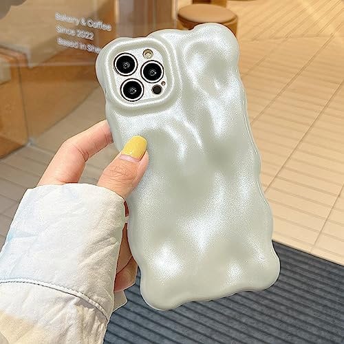 XIZYO Glitter Case for iPhone 15 Pro, Cute Solid Color Curly Wave Shape Soft TPU Bumper Phone Case, for Women Girls Aesthetic Design Silicone Slim Bling Shockproof Phone Cover, Sparkly White