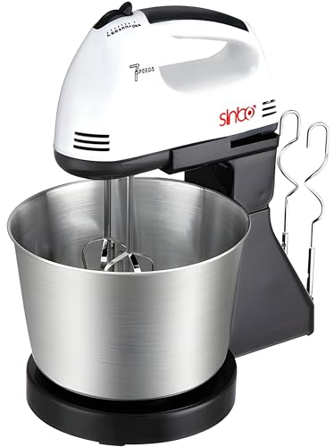 Retoo Handmixer mit Schüssel, Handrührer, Eierschläger, 100W, 220V, 7 Stufen, Leicht, Leise, Handrührgerät, Turbotaste, Rührmixer, Rührbesen, Geschwindigkeitsschalter, Weiß, Silber