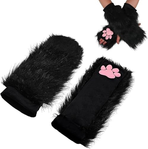 SIROLISA Pelzige Katze Pfote Handschuhe für Frauen Weiche 3D Zehen Bohnen Fingerlose Katze Kralle Pfoten Pad Sleeve