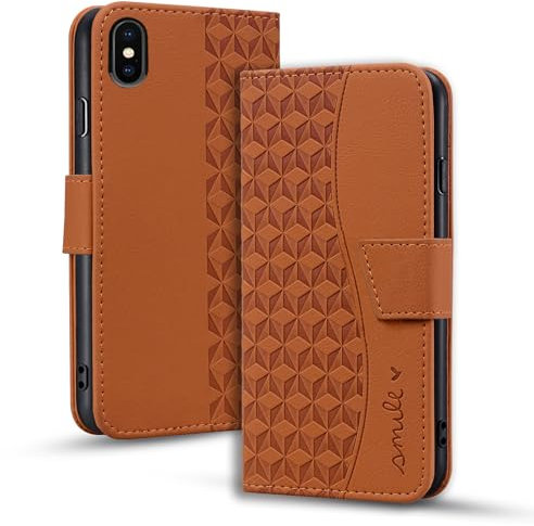 LOLFZ for iPhone XS Max Case, Flip Folio Wallet Case Premium PU Leather with Card Holder Kickstand Shockproof TPU Bumper Magnetic Closure Protective Phone Cover for iPhone XS Max - Brown