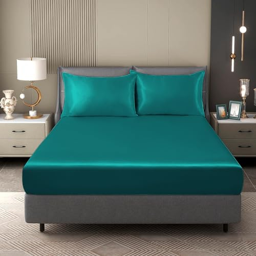 Nuoandy Satin Spannbettlaken 140x200cm Türkis Glänzend Uni Seide Seide Glänzend Bettlaken Hochwertiges Deluxe Unifarben Spannbetttuch Microfaser Bettlaken für bis1-30cm Matraze