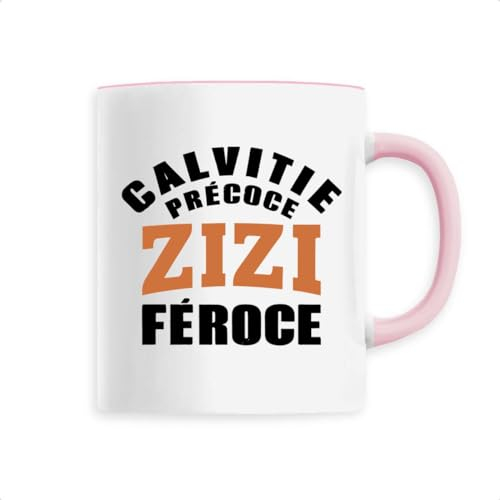 Mug Calvitie précoce, zizi féroce - Imprimé en France - Tasse originale en céramique - Cadeau Anniversaire Chauve Humour original rigolo (Rose)