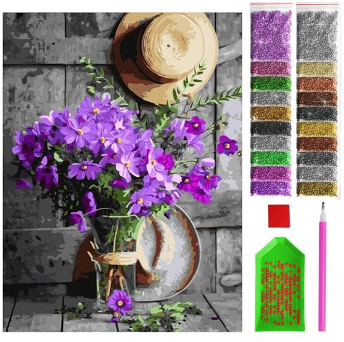 ARTULIO Diamond Painting Set – Vase mit lila Blumen - 30x40 cm – 5D Diamant Painting Bilder DIY, Diamond Painting Erwachsene