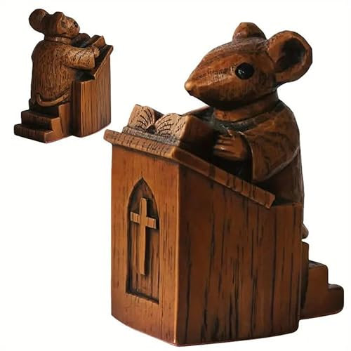 kekafu Church Mouse Statue Mouse Figurine On The Pulpit Wooden Collectible Animal Sculpture Desktop Decor Ornament for Home Office
