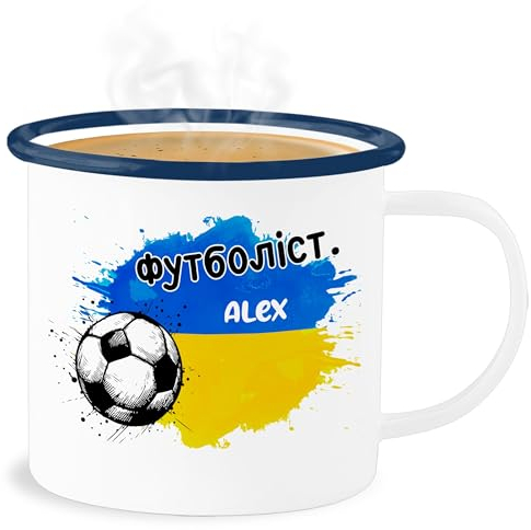 Emaille Becher Blechbecher - 2024 Fussball EM Fanartikel - Personalisierbares Ukraine Motiv | Individuelles Україна Design | Mit eigenem Namen | Ukraine - 300 ml - Weiß Blau - fußball wm 24