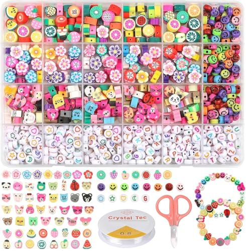 ZWOOS Heishi Flache Perlen für Armband, 750 Stück Bastelperlen für Kinderarmbänder, Polymer-Tonperlen mit Früchten, Blumen, Tieren, Acryl, Perlen für Schmuckherstellung (C)