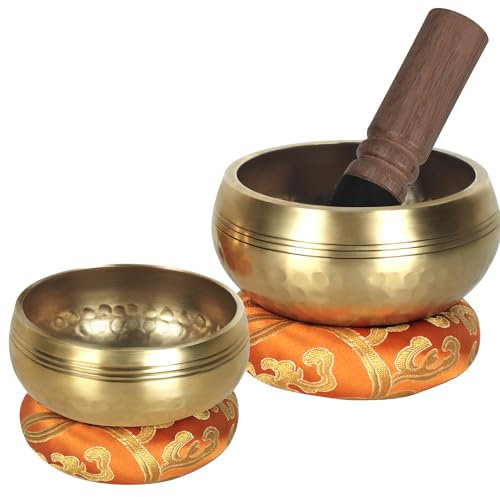 DiDiBirDi 3.7 inches & 3.15 inches 2Pcs Tibetan Singing Bowl Set with Cushion and Leather Hammer Authentic Handcrafted for Yoga, Meditation, Mindfulness Practice ﻿