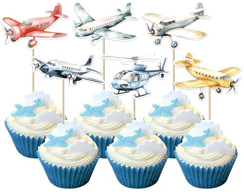Xsstarmi 36 Pack Airplane Cupcake Toppers Double Sided Aircraft Plane Cupcake Picks for Aviation Fighter Theme Baby Shower Birthday Party Cake Decorations Supplies