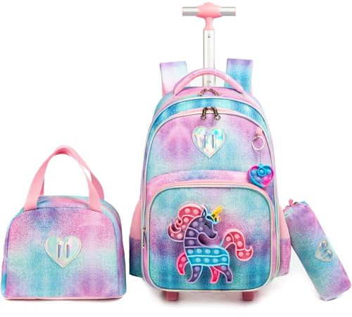 Egchescebo Zaino con Rotelle per Ragazze Carrello Porta Trolley Scuola Primaria Astuccio Bambina Giocattolo di Unicorno Ragazza Ruote Lunch Box 17” 3PCS Borsa da Scuola a Rullo Ragazze Bambini Rosa
