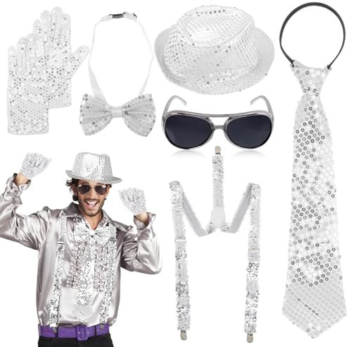 CIGTSICO Glitzer Outfit Herren, Glitzer Kostüm Disco Outfit Herren, Glitzer Accessoires Herren mit Glitzer Krawatte Hut Fliege Hosenträger, Glitzeranzug für Bayrischedeko Oktoberfest Dance Performance