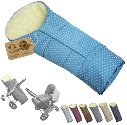 Fußsack [Winterfußsack für Kinderwagen] Buggy Schlitten Kuschelsack universal in Mumienform mit Lammwolle Größe anpassbar warm mit Reißverschluss waschbar (Sterne türkis)